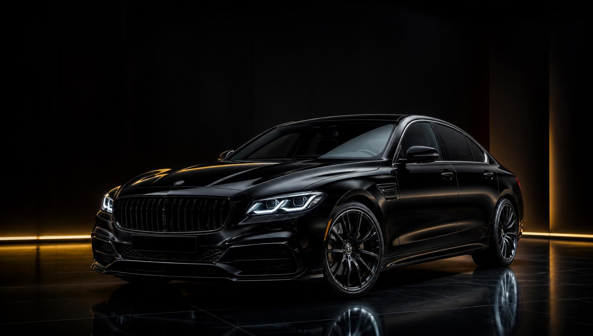 Premium black rental car in a luxury showroom